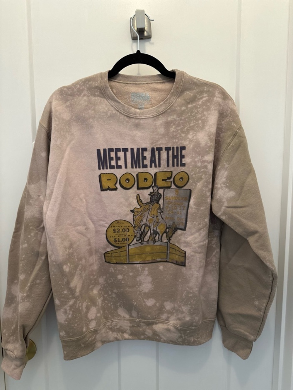 Gina Tees Taupe Bleach-Effect 'Meet Me At The Rodeo' Graphic Sweatshirt
